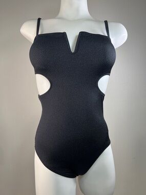 aerie Black Textured V-Notch Cutout One-Piece Full Coverage Swimsuit SMALL